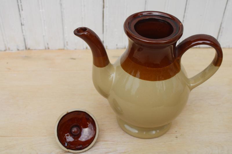 photo of 70s vintage cottage style coffee pot, chunky stoneware pottery tan brown band  #2