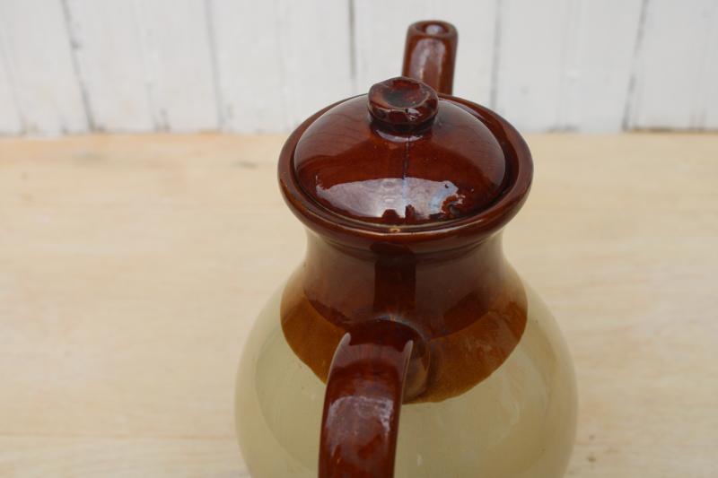 photo of 70s vintage cottage style coffee pot, chunky stoneware pottery tan brown band  #4