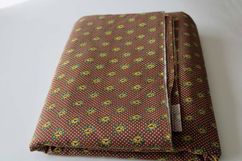 photo of 70s vintage, cottagecore style calico print cotton, brown w/ pin dots and yellow flowers #1