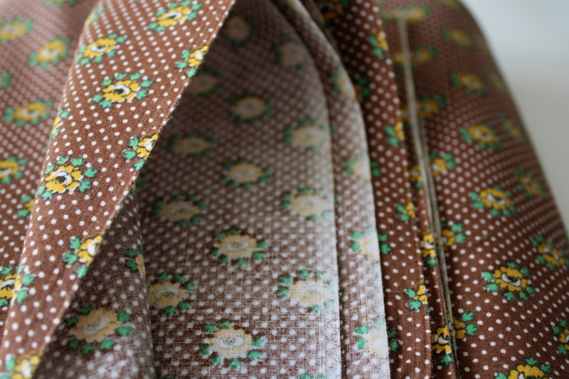 photo of 70s vintage, cottagecore style calico print cotton, brown w/ pin dots and yellow flowers #2