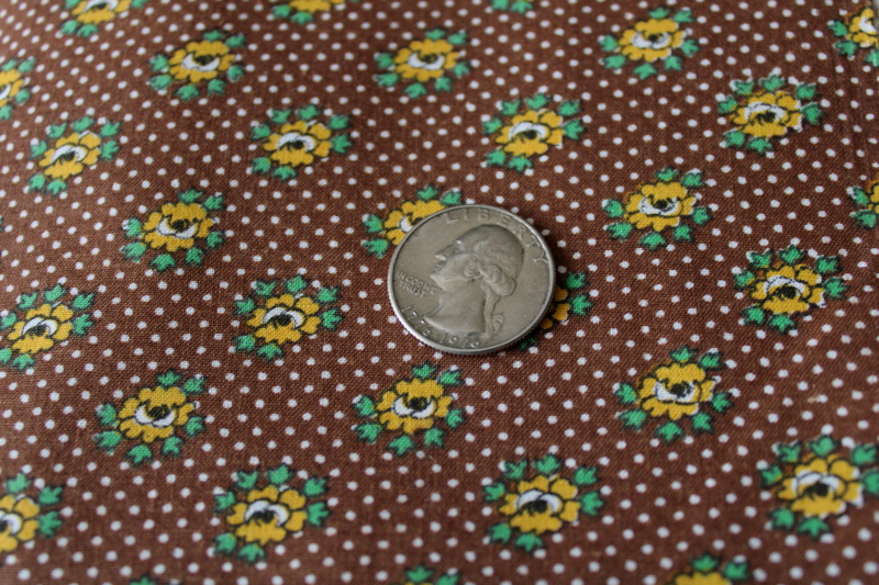 photo of 70s vintage, cottagecore style calico print cotton, brown w/ pin dots and yellow flowers #3