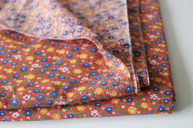 photo of 70s vintage cotton calico fabric, floral print small blue & yellow flowers on tomato red  #2