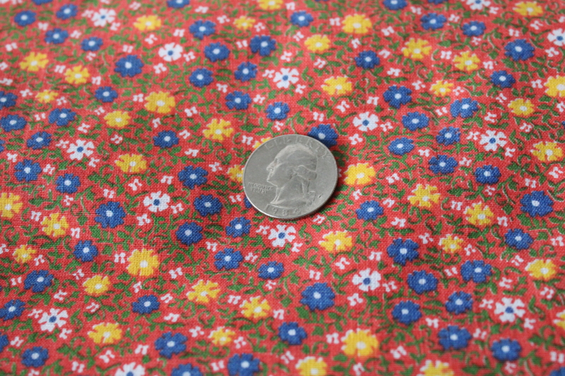 photo of 70s vintage cotton calico fabric, floral print small blue & yellow flowers on tomato red  #3