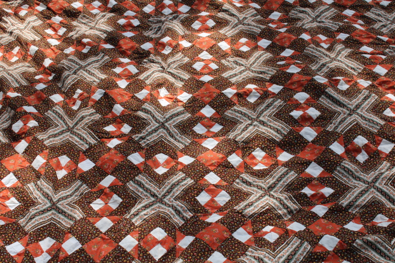 photo of 70s vintage cotton calico patchwork quilt top, brown & rust orange prints Little House of the Prairie style  #2