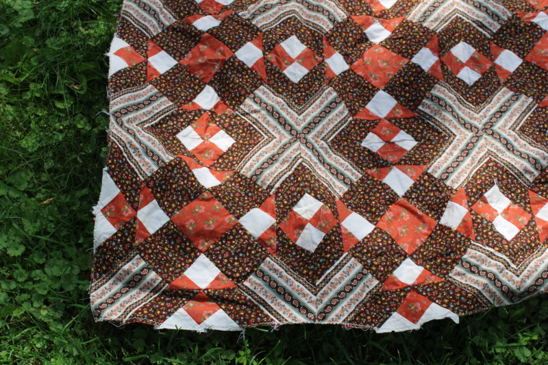 photo of 70s vintage cotton calico patchwork quilt top, brown & rust orange prints Little House of the Prairie style  #3