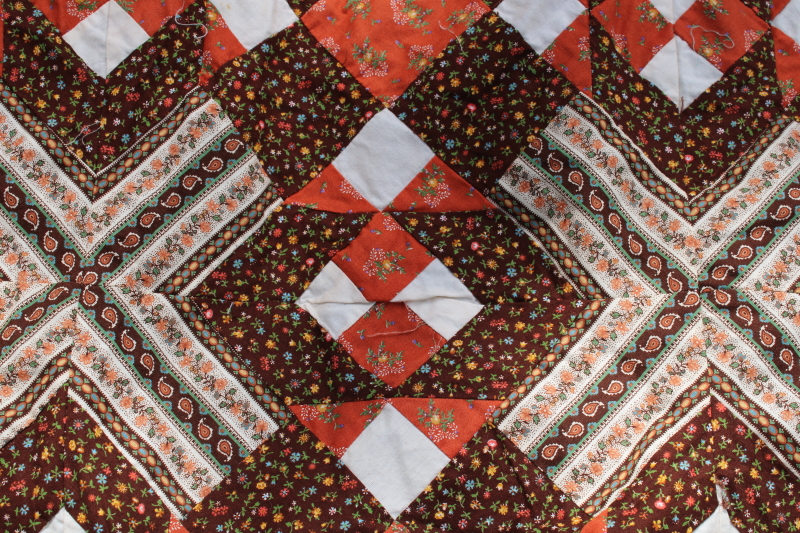 photo of 70s vintage cotton calico patchwork quilt top, brown & rust orange prints Little House of the Prairie style  #4