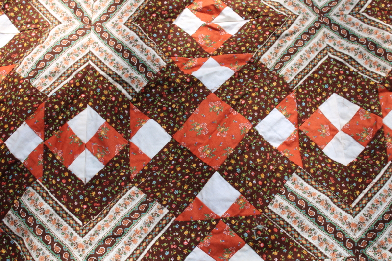 photo of 70s vintage cotton calico patchwork quilt top, brown & rust orange prints Little House of the Prairie style  #5