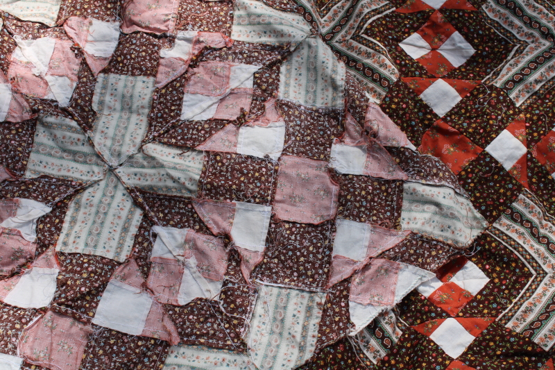 photo of 70s vintage cotton calico patchwork quilt top, brown & rust orange prints Little House of the Prairie style  #6