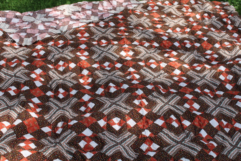 photo of 70s vintage cotton calico patchwork quilt top, brown & rust orange prints Little House of the Prairie style  #7