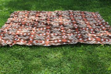 catalog photo of 70s vintage cotton calico patchwork quilt top, brown & rust orange prints Little House of the Prairie style 