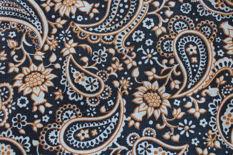 photo of 70s vintage cotton canvas fabric, hippie bohemian paisley orange gold & black print #1