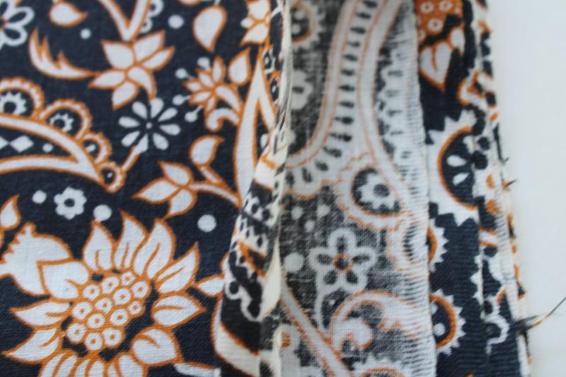 photo of 70s vintage cotton canvas fabric, hippie bohemian paisley orange gold & black print #3