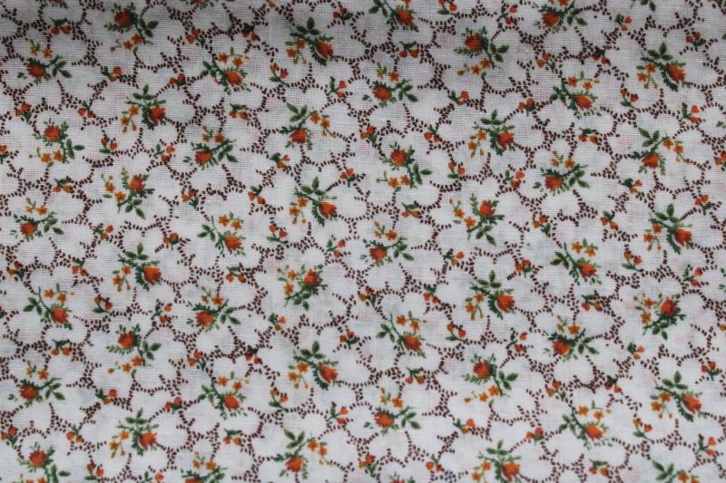 photo of 70s vintage cotton fabric, prairie girl floral tiny print brown russet orange on white #1