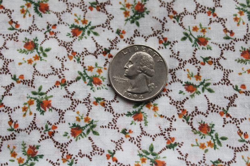 photo of 70s vintage cotton fabric, prairie girl floral tiny print brown russet orange on white #3