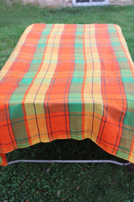 photo of 70s vintage cotton gauze bedspread, retro hippie orange gold lime green plaid #1