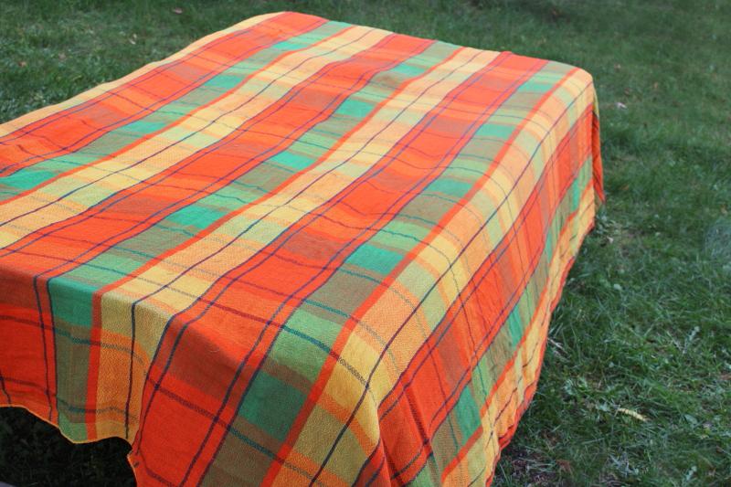 photo of 70s vintage cotton gauze bedspread, retro hippie orange gold lime green plaid #2