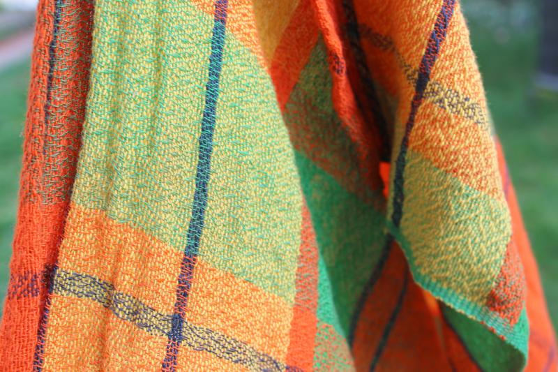 photo of 70s vintage cotton gauze bedspread, retro hippie orange gold lime green plaid #5