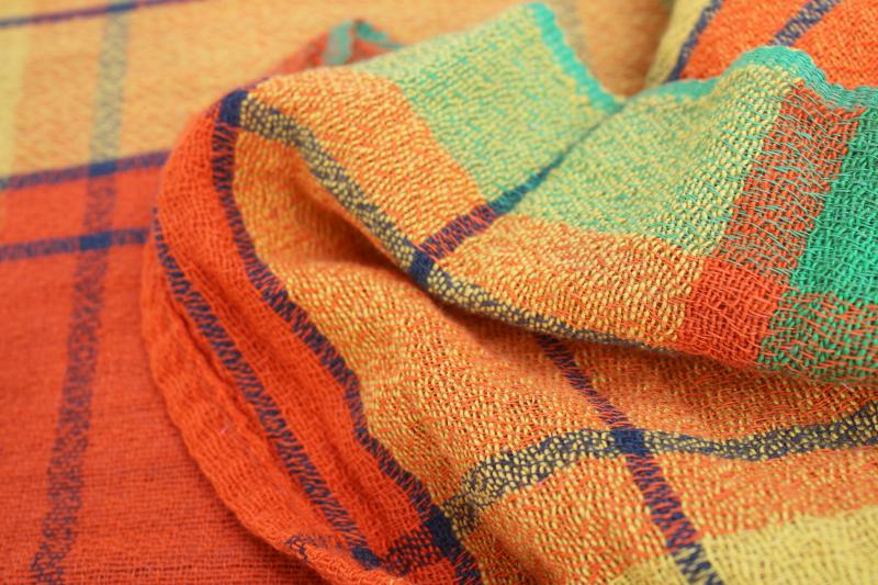 photo of 70s vintage cotton gauze bedspread, retro hippie orange gold lime green plaid #6