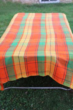 catalog photo of 70s vintage cotton gauze bedspread, retro hippie orange gold lime green plaid