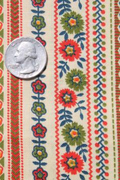 catalog photo of 70s vintage cotton print fabric, folk art flowers striped in bright colors