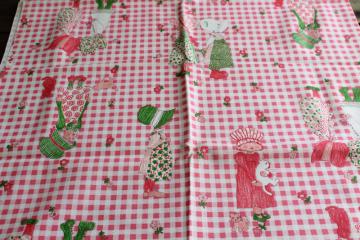 catalog photo of 70s vintage cotton twill fabric, little sunbonnet ladies w/ pet cats, retro line drawing print