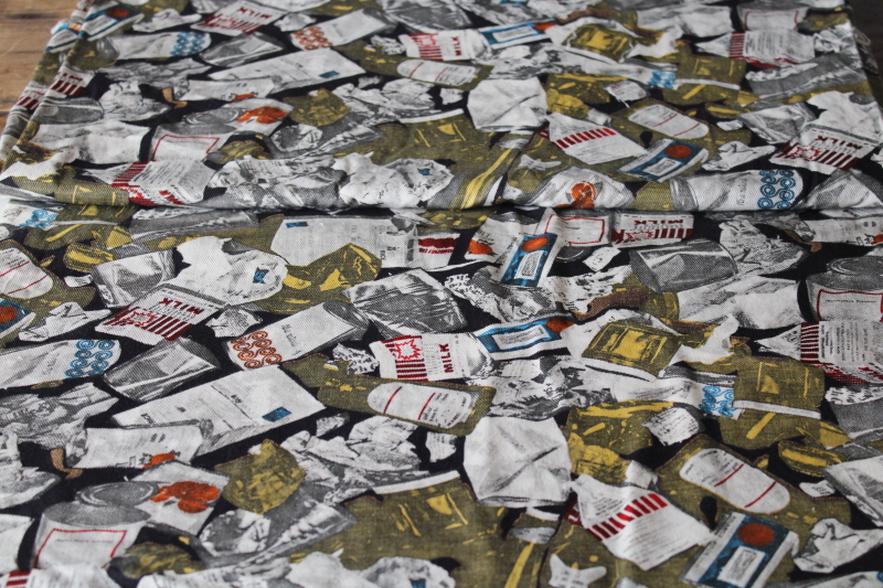 photo of 70s vintage cotton twill fabric, mod garbage print food packaging consumer waste #1