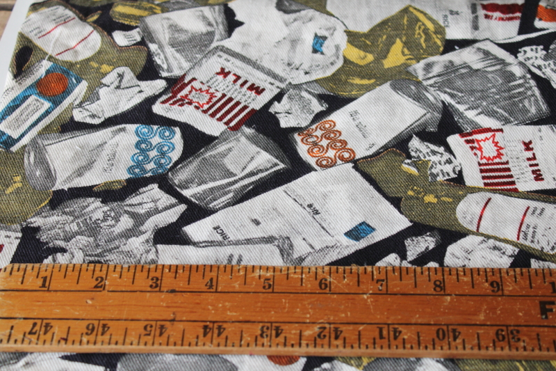 photo of 70s vintage cotton twill fabric, mod garbage print food packaging consumer waste #5