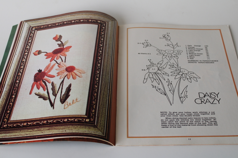 photo of 70s vintage crewel embroidery designs book, hippie flowers, owls, jacobean floral  #2