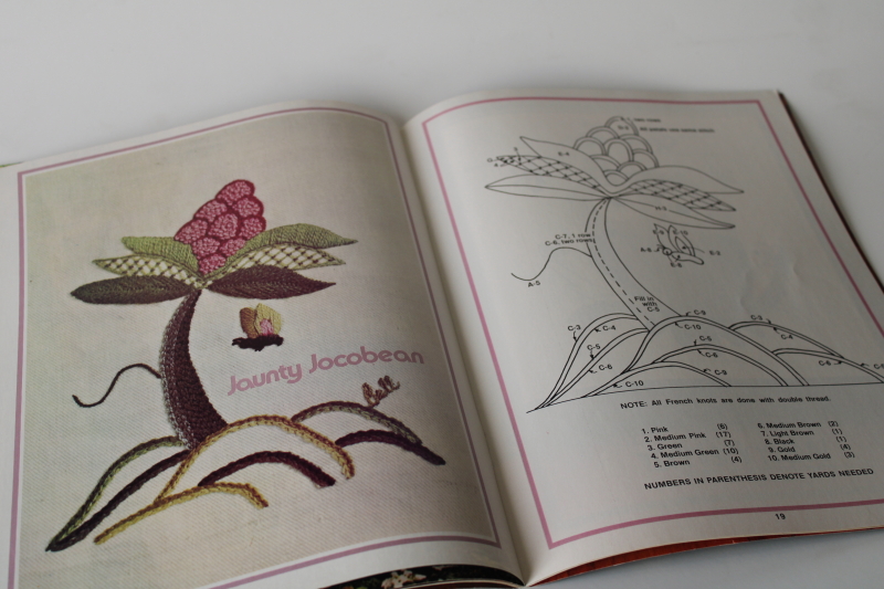 photo of 70s vintage crewel embroidery designs book, hippie flowers, owls, jacobean floral  #5