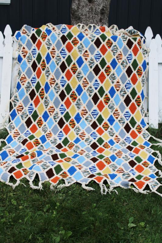 photo of 70s vintage crochet afghan blanket bedspread, stained glass window pattern diamonds #1