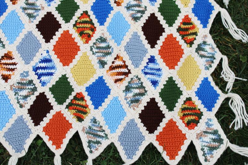 photo of 70s vintage crochet afghan blanket bedspread, stained glass window pattern diamonds #3