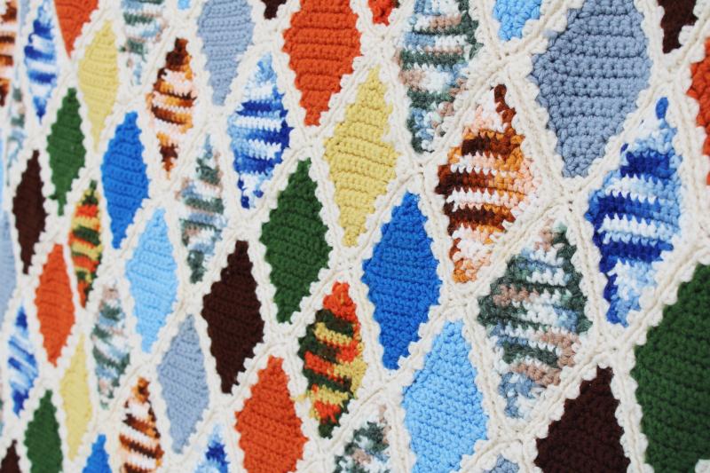 photo of 70s vintage crochet afghan blanket bedspread, stained glass window pattern diamonds #5