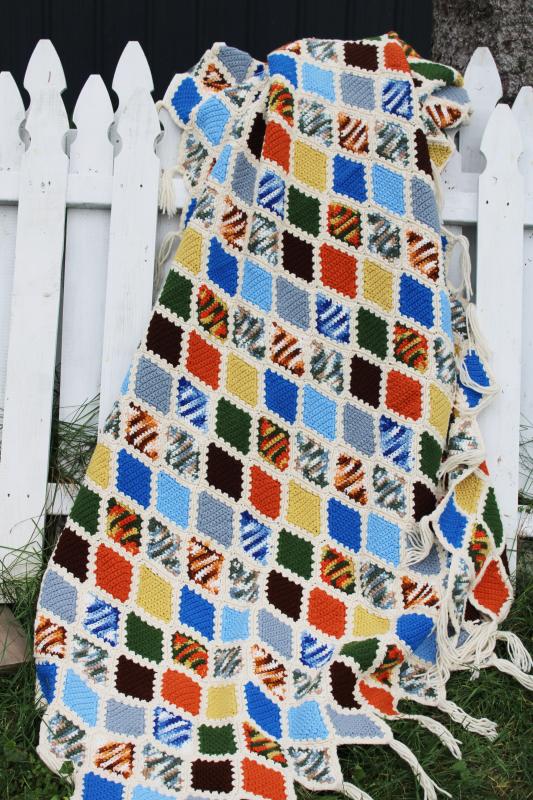 photo of 70s vintage crochet afghan blanket bedspread, stained glass window pattern diamonds #6