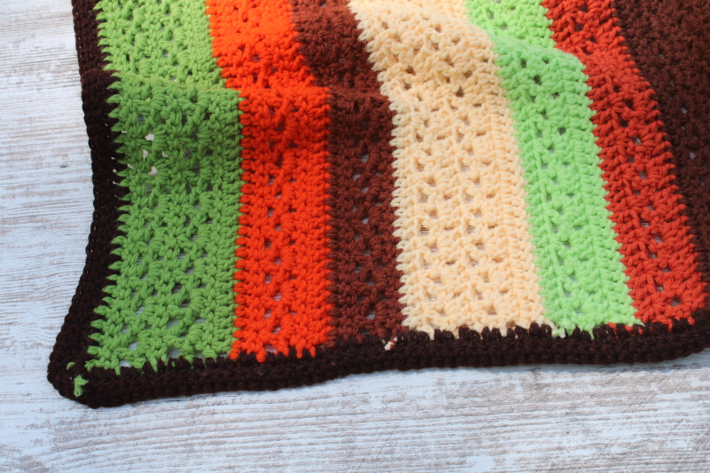 photo of 70s vintage crochet afghan, earth tone colors fall harvest brown, russet orange, avocado lime green #2