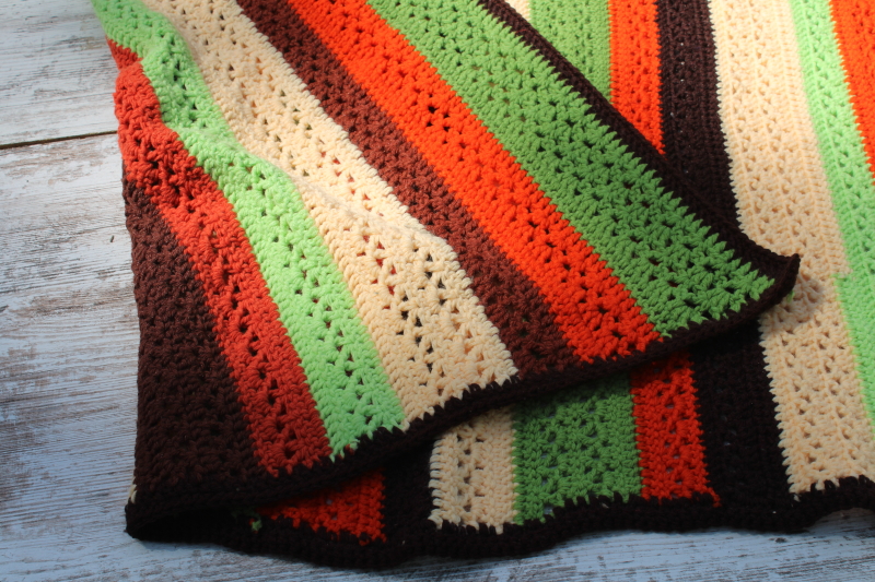 photo of 70s vintage crochet afghan, earth tone colors fall harvest brown, russet orange, avocado lime green #3