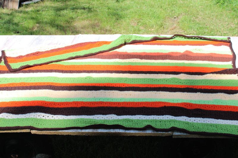 photo of 70s vintage crochet afghan, earth tone colors fall harvest brown, russet orange, avocado lime green #4