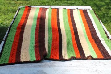 catalog photo of 70s vintage crochet afghan, earth tone colors fall harvest brown, russet orange, avocado lime green 