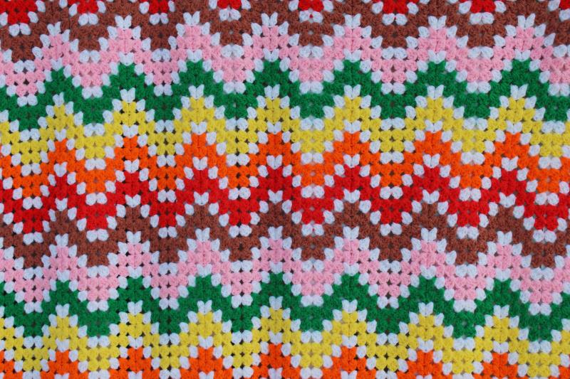 photo of 70s vintage crochet afghan throw blanket, bargello look stripes in rainbow colors  #3