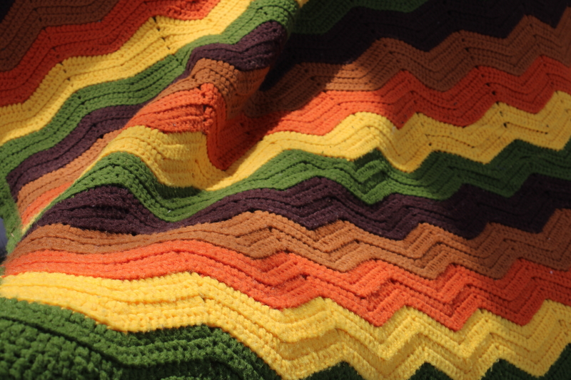 photo of 70s vintage crochet blanket, retro ripple stripes in rust orange, avocado, brown, gold #2