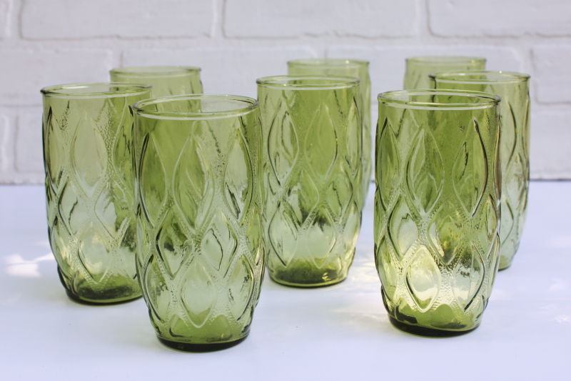 photo of 70s vintage drinking glasses mod green glass, Anchor Hocking Madrid pattern set of 8  #1