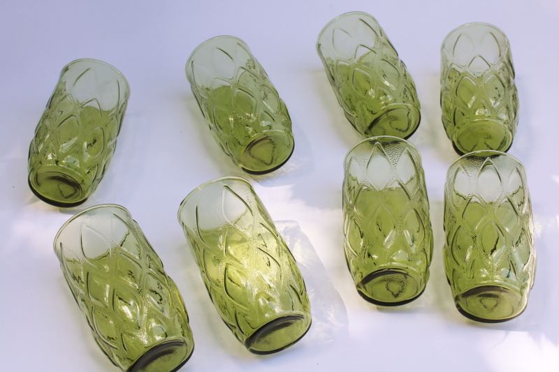 photo of 70s vintage drinking glasses mod green glass, Anchor Hocking Madrid pattern set of 8  #5