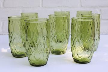 catalog photo of 70s vintage drinking glasses mod green glass, Anchor Hocking Madrid pattern set of 8 