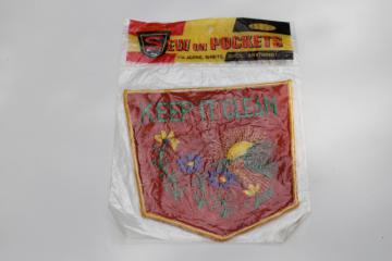 70s vintage embroidered applique patch pocket for blue jeans, retro hippie grunge