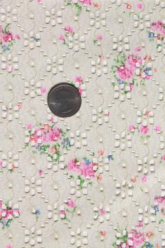 catalog photo of 70s vintage eyelet lace polyester fabric w/ girly floral, retro boho hippie style