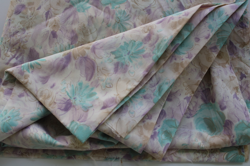 photo of 70s vintage fabric, aqua lavender watercolor floral print matte finish poly silk #1