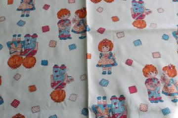 catalog photo of 70s vintage fabric, cotton twill print cute kids, ginger red hair boy & girl