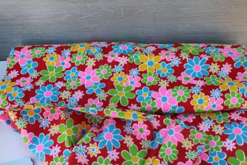 70s vintage fabric flower power daisies print neon bright rainbow colors