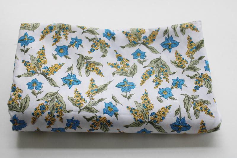 photo of 70s vintage fabric, hippie girl gold & aqua wildflowers print cotton poly blend #1