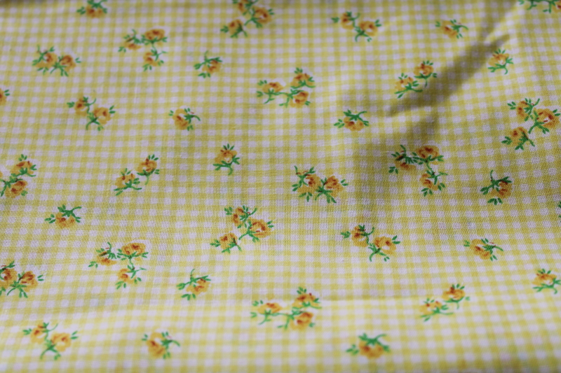 photo of 70s vintage fabric hippie prairie girl print calico sprig floral on yellow gingham checks  #1