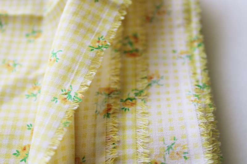 photo of 70s vintage fabric hippie prairie girl print calico sprig floral on yellow gingham checks  #3